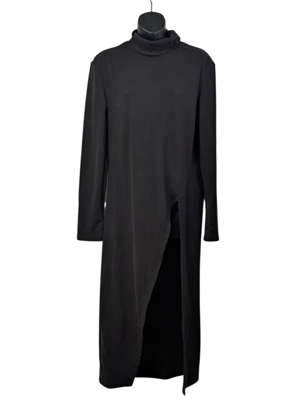 FHQ Collection Women Black Cotton Fleece Turtleneck Maxi Dress Slit Size XL NWT